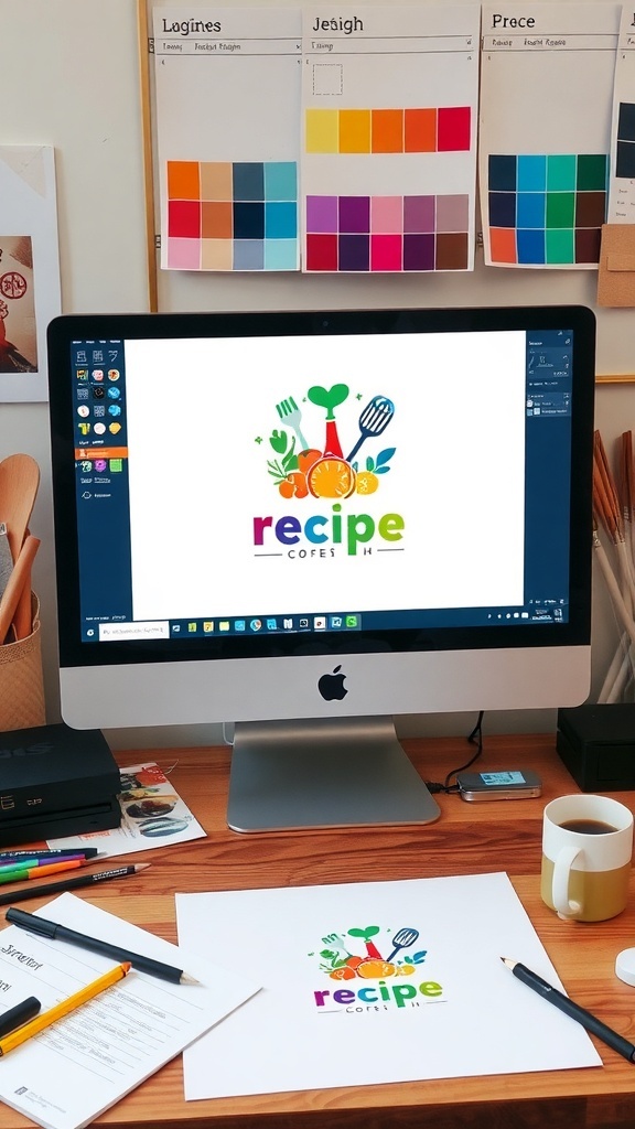A workspace with a computer showing a colorful recipe logo design, surrounded by design tools and ingredients.